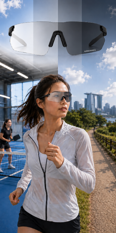 Lady running with photochromic sunglasses showing indoor and outdoor usage.