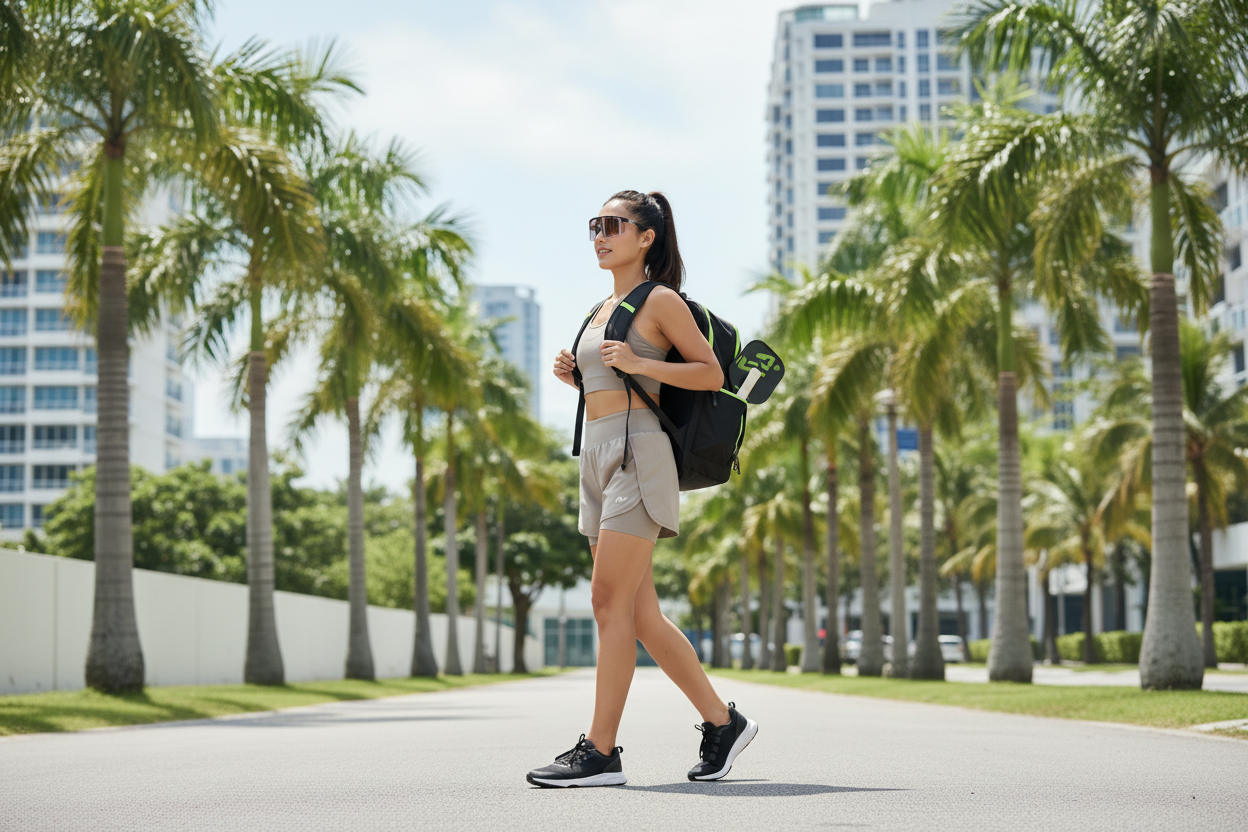 Lady wearing Non Polarised Sunglasses Carrying Pickleball Bag