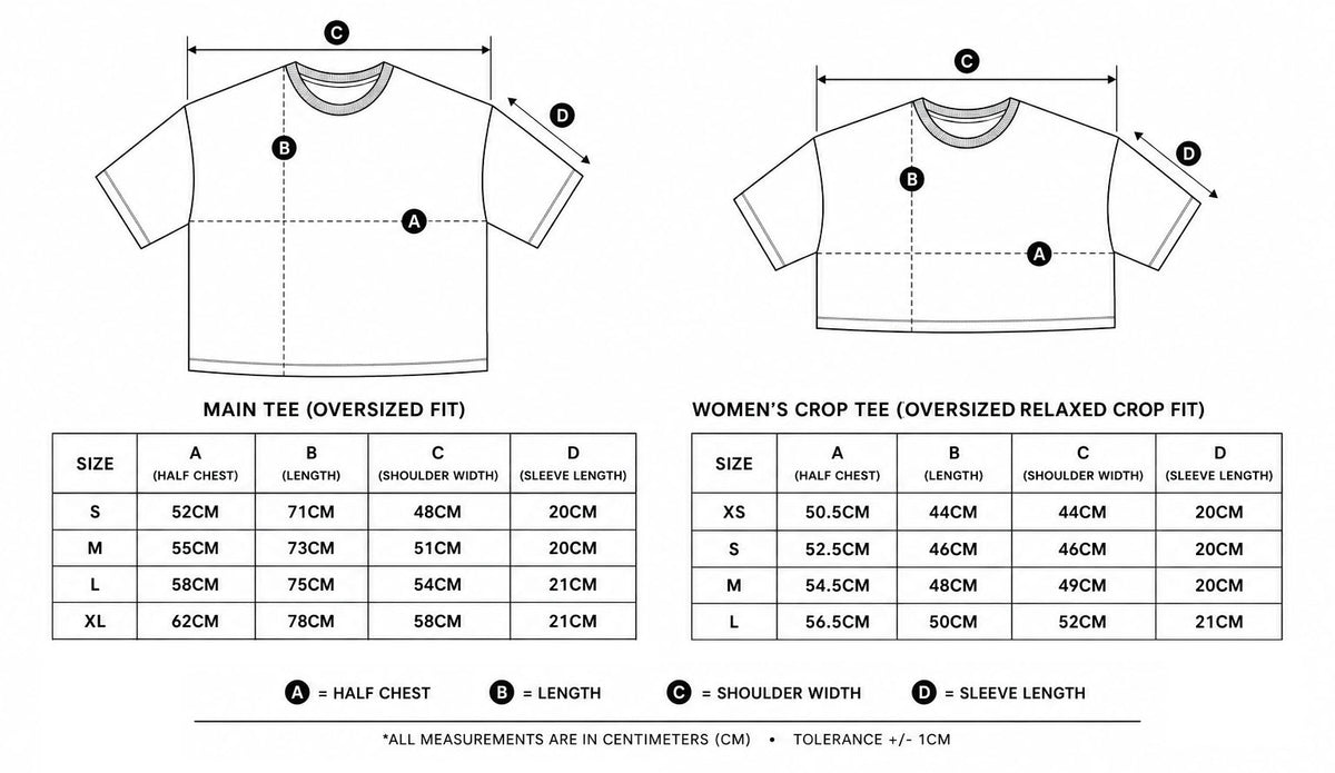 A sizing chart and measurement diagram for t-shirts, showing front and back line drawings with labeled dimensions and tables for main tee and women's crop tee measurements in centimeters by size.