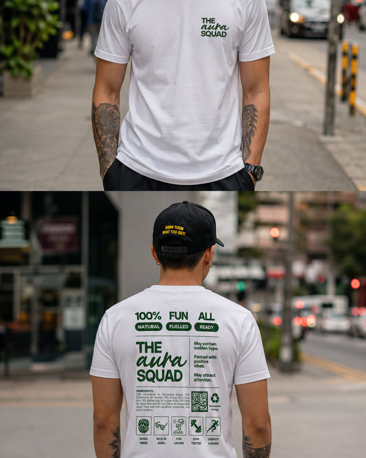 Man Wearing the Aura Squad tee shirt, on white tee in Singapore street.