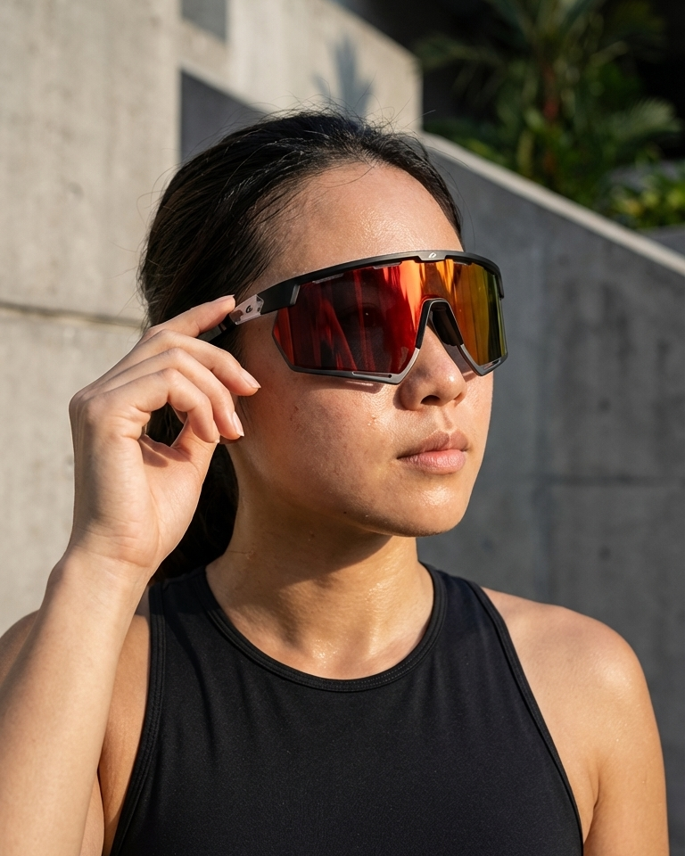 Woman wearing reflective sunglasses outdoors against a building and plant background