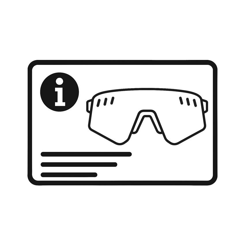 Sunglasses care card icon with info symbol and visor-style eyewear graphic
